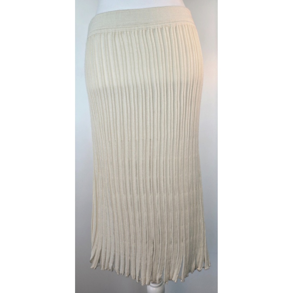 Rodier Pencil Skirt Midi Mesh Lace Ribbed Knit Striped Ivory Summer Rayon